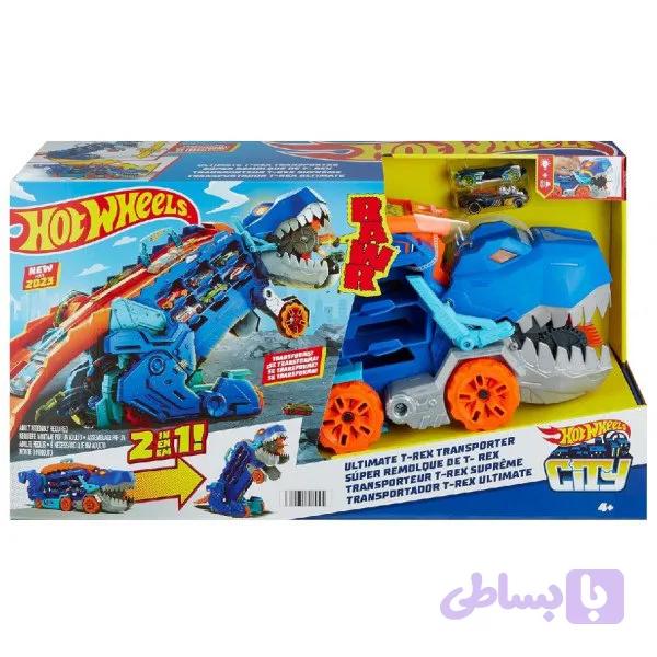 کامیون و پیست دایناسور تی‌رکس هات‌ویلز مدل Ultimate T-Rex ست تبدیل‌شونده Hot Wheels City کد HNG50 به همراه ۲ عدد ماشین فلزی