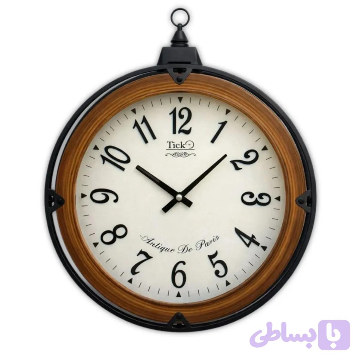 ساعت دیواری چوب و فلز تیک مدل 651 | زمینه سفید | اعداد انگلیسی | سایز 60 سانتی‌متر — تصویر 1