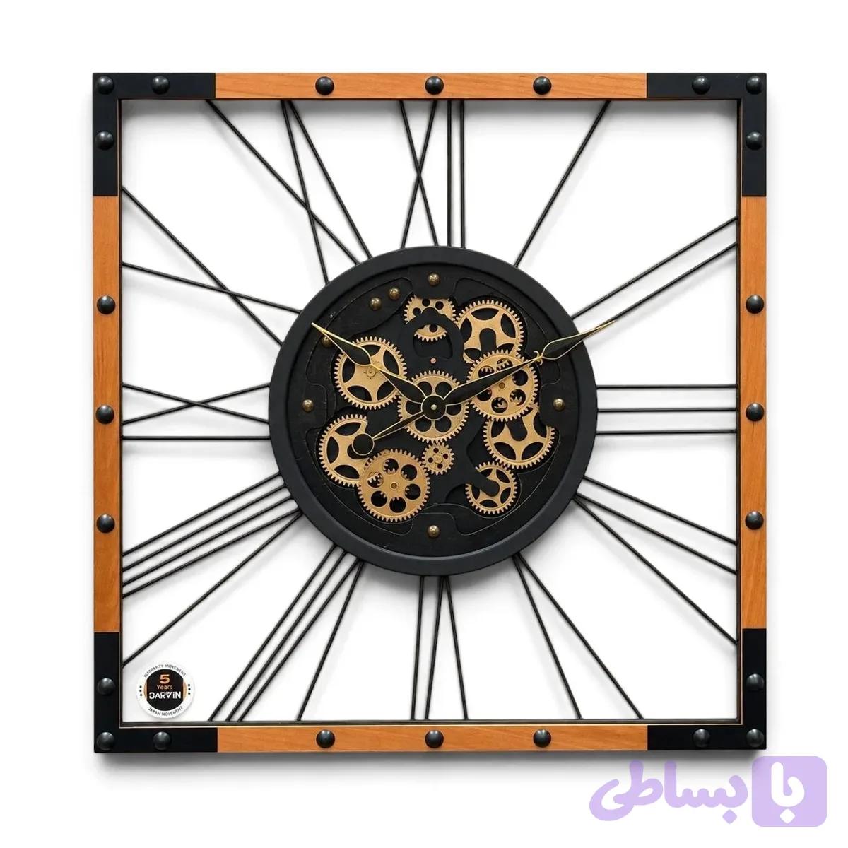 ساعت دیواری چوبی فلزی داروین چرخ‌دنده‌ای گرد | ساعت دکوراتیو بزرگ 70 و 90 سانتی — تصویر 1
