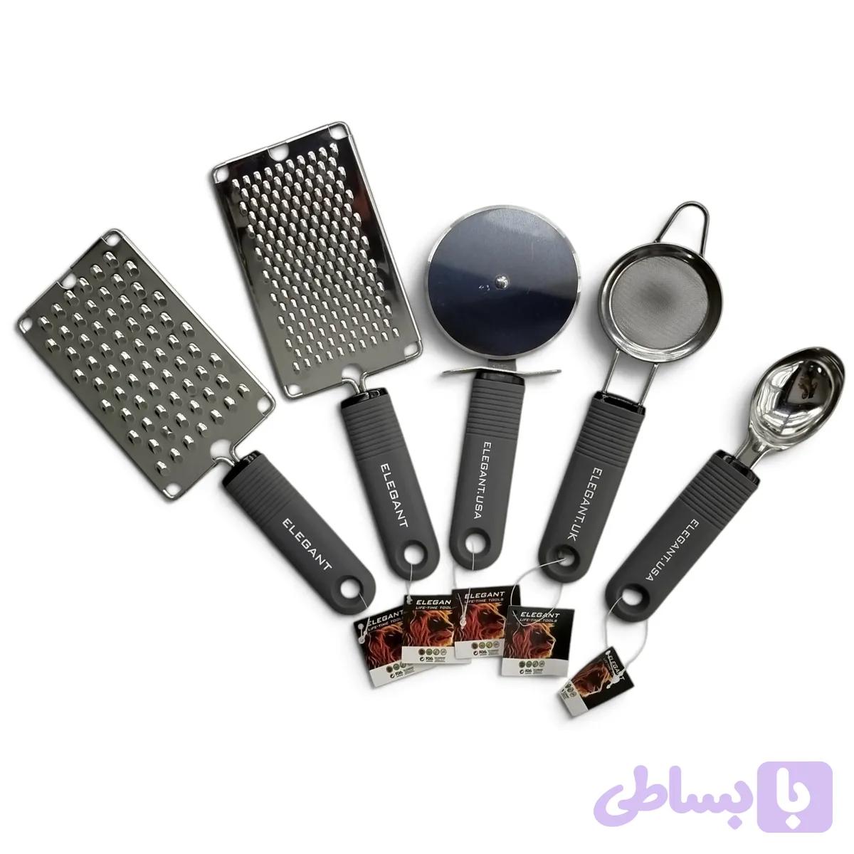 ست 5 تکه ابزار آشپزخانه الگانت | رنده ریز، رنده درشت، پیتزا بر، صافی چای و اسکوپ بستنی — تصویر 1