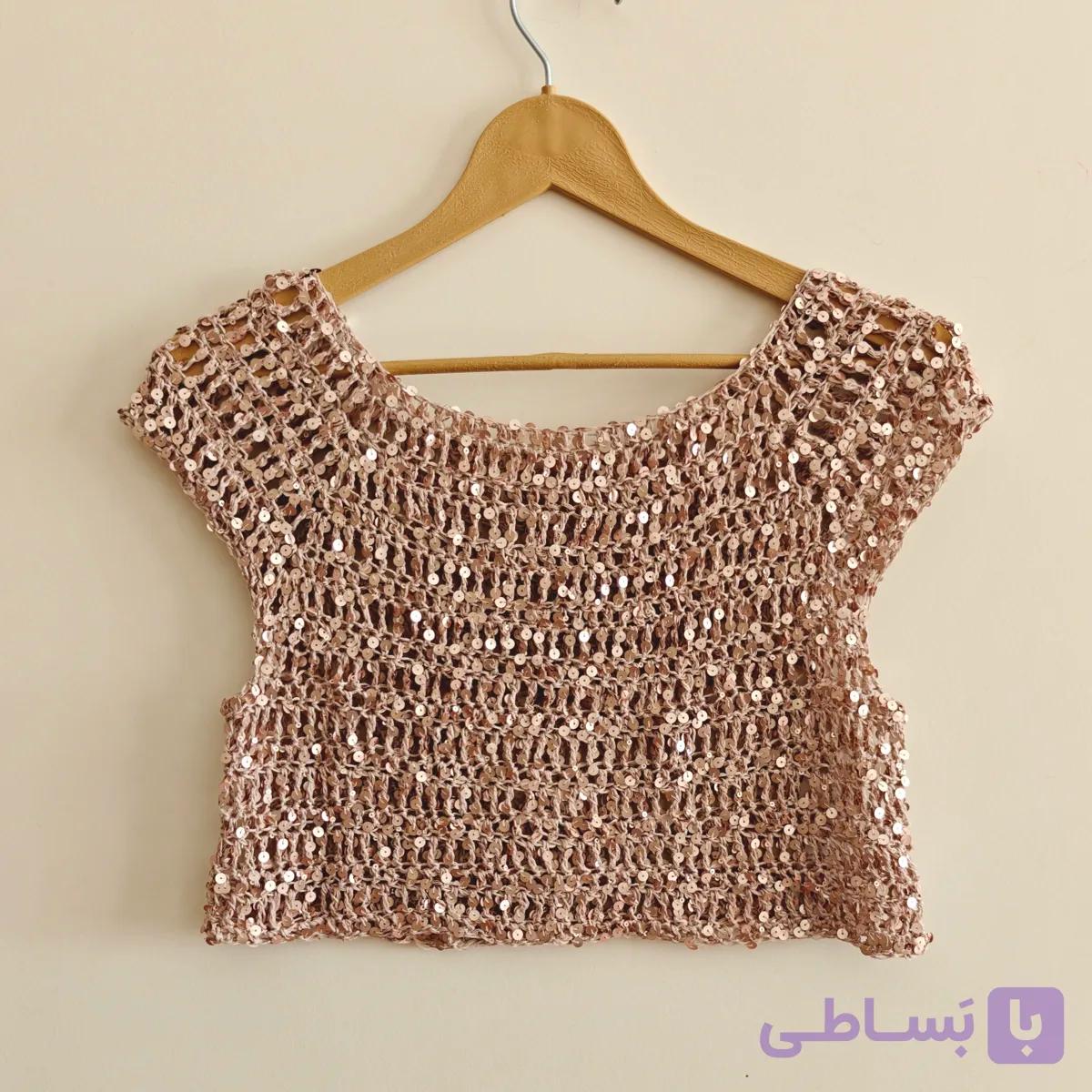 تاپ قلاب‌بافی دست‌ساز پولک‌دار | تاپ توری زنانه سایز ۳۶ و ۳۸
