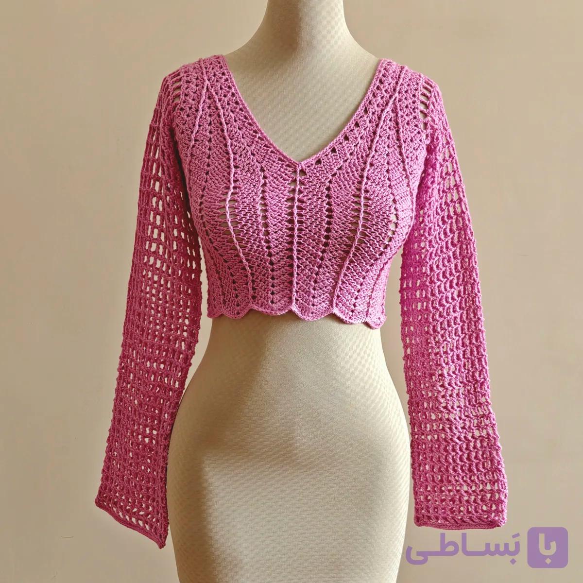 بلوز قلاببافی دستساز زنانه مدل صدفی | بلوز توری رنگ صورتی
