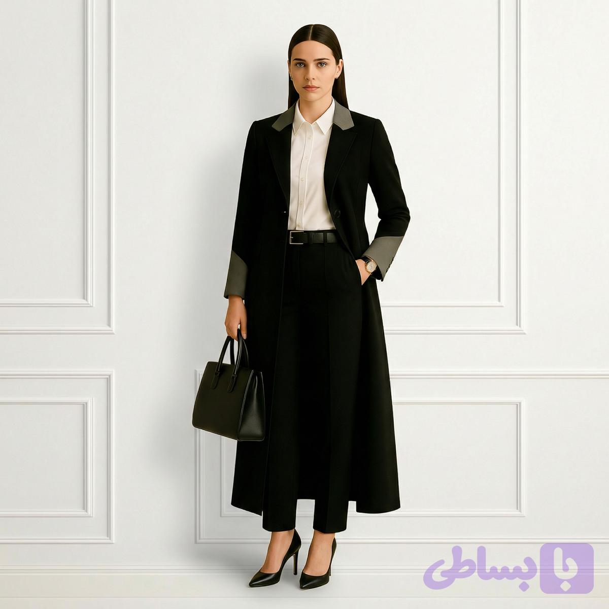 مانتو زنانه اداری مشکی خطی مناسب محیط اداری