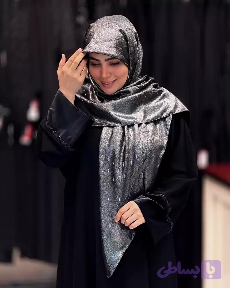 روسری نگین خطی کرپ ابریشم دودی — تصویر 1