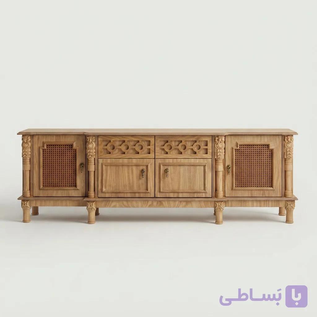 میز تلویزیون مدل حصیری کد203جدید حصیری ترند روکش چوب بلوط پایه های چوبی خراطی با ظرافت تمام cnc شده