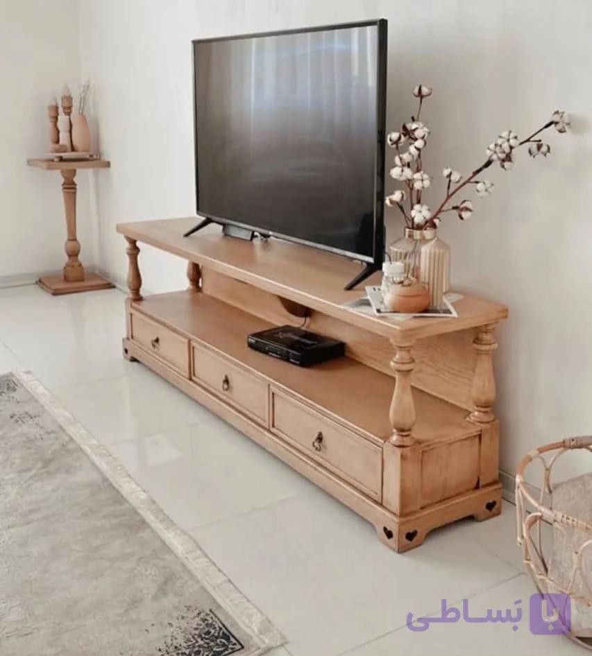 میز تلویزیون چوب بلوط طبیعی مدل 201 با ستونهای خراطی تراش خورده دستی مقاوم در 2سایز و7رنگ