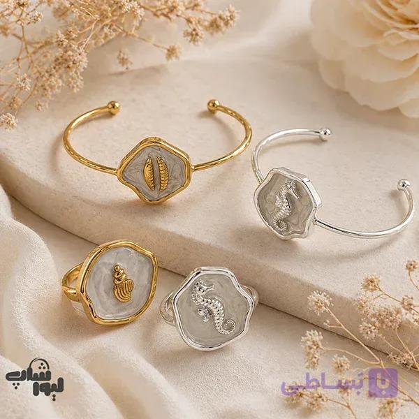 دستبند بنگل و انگشتر دخترانه طرح طرح صدف و اسب دریایی کد 890 — تصویر 1