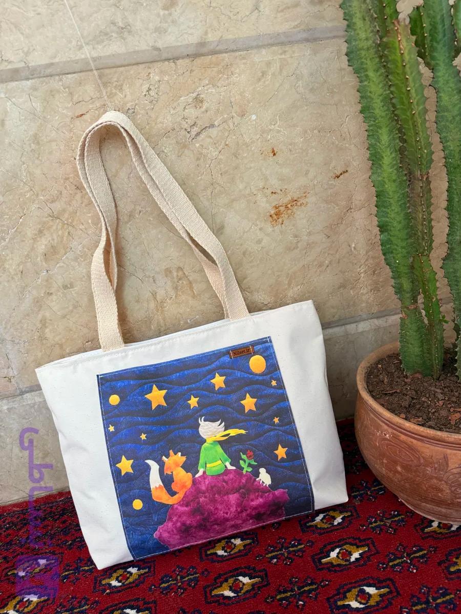 توتبگ پارچه ای سفید جیب جلو چرم فانتزی نیل ست
