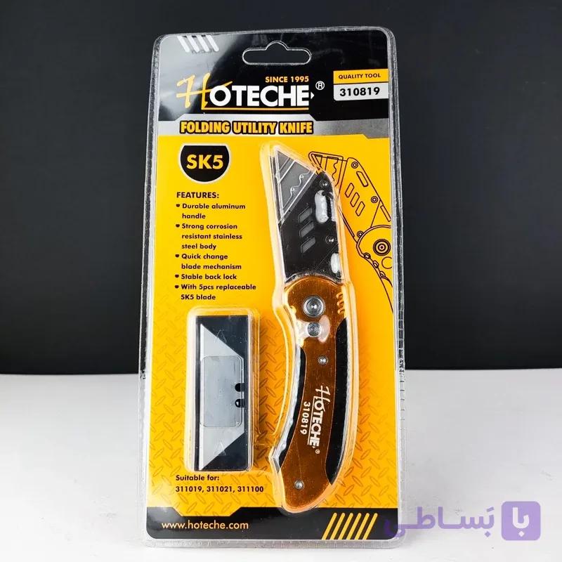 تیزبر و کاتر ذوزنقه ای - تاشو - فلزی - بدنه آلومینیومی با روکش لاستیکی - با 5 عدد تیغه اضافه - برند اصلی Hoteche هوتچ (310819)