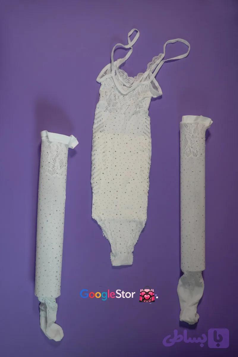 فیشنت بادی جورابدار سفید (کد6949) - توت فرنگی