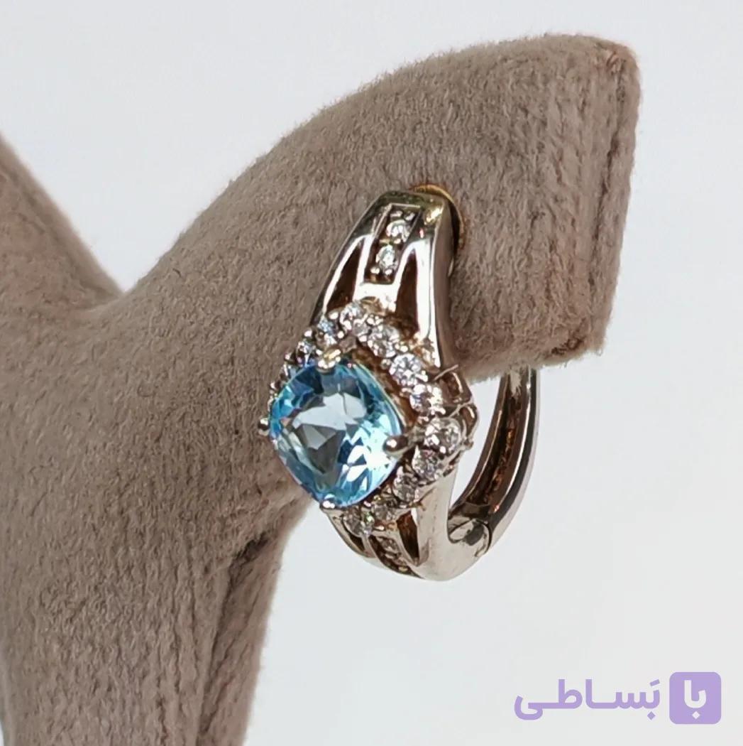 گوشواره نقره دست‌ساز با سنگ توپاز آبی تراش کوشن  فوق‌درخشان وارداتی تک نسخه مخصوص خاص پسندان