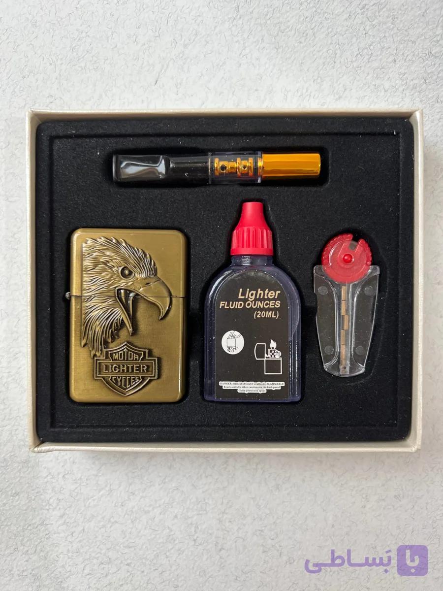 پک هدیه ۴ تکه فندک بنزینی لایتر (LIGHTER) طرح عقاب هارلی دیویدسون برنزی با چوب سیگار و بنزین | فروشگاه بارزار