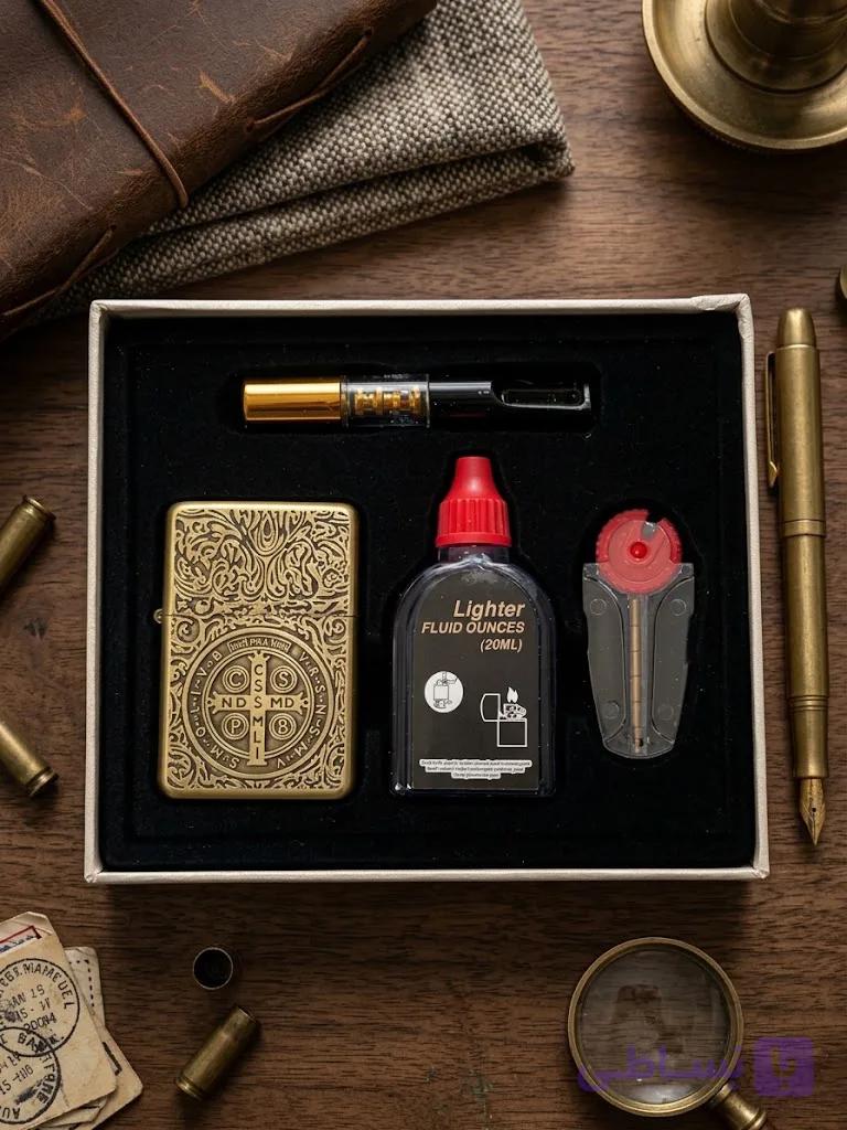 پک هدیه ۴ تکه فندک بنزینی طرح زیپو لایتر (LIGHTER) طرح برگ برجسته با چوب سیگار و بنزین در دو رنگ | فروشگاه بارزار