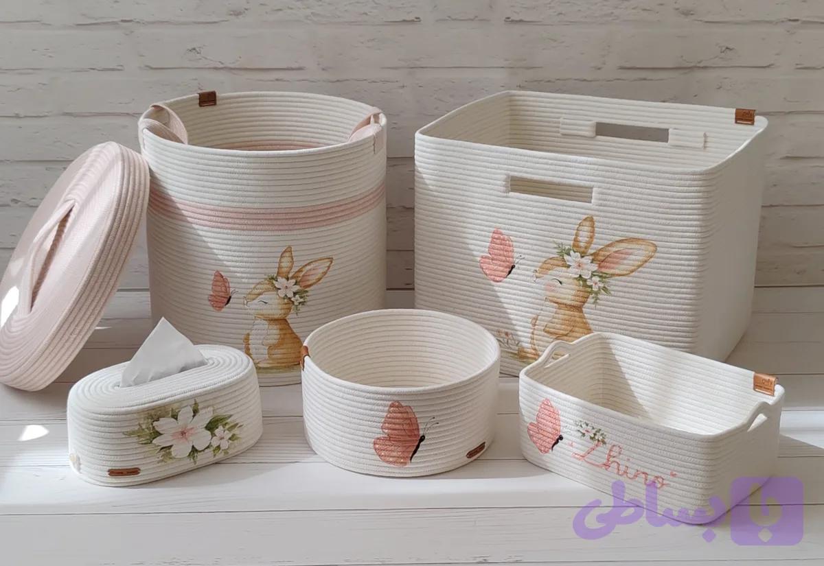 نظم دهنده سیسمونی قیطان دوزی Lovely basket(نقاشی خرگوش و پروانه) ۷تیکه
