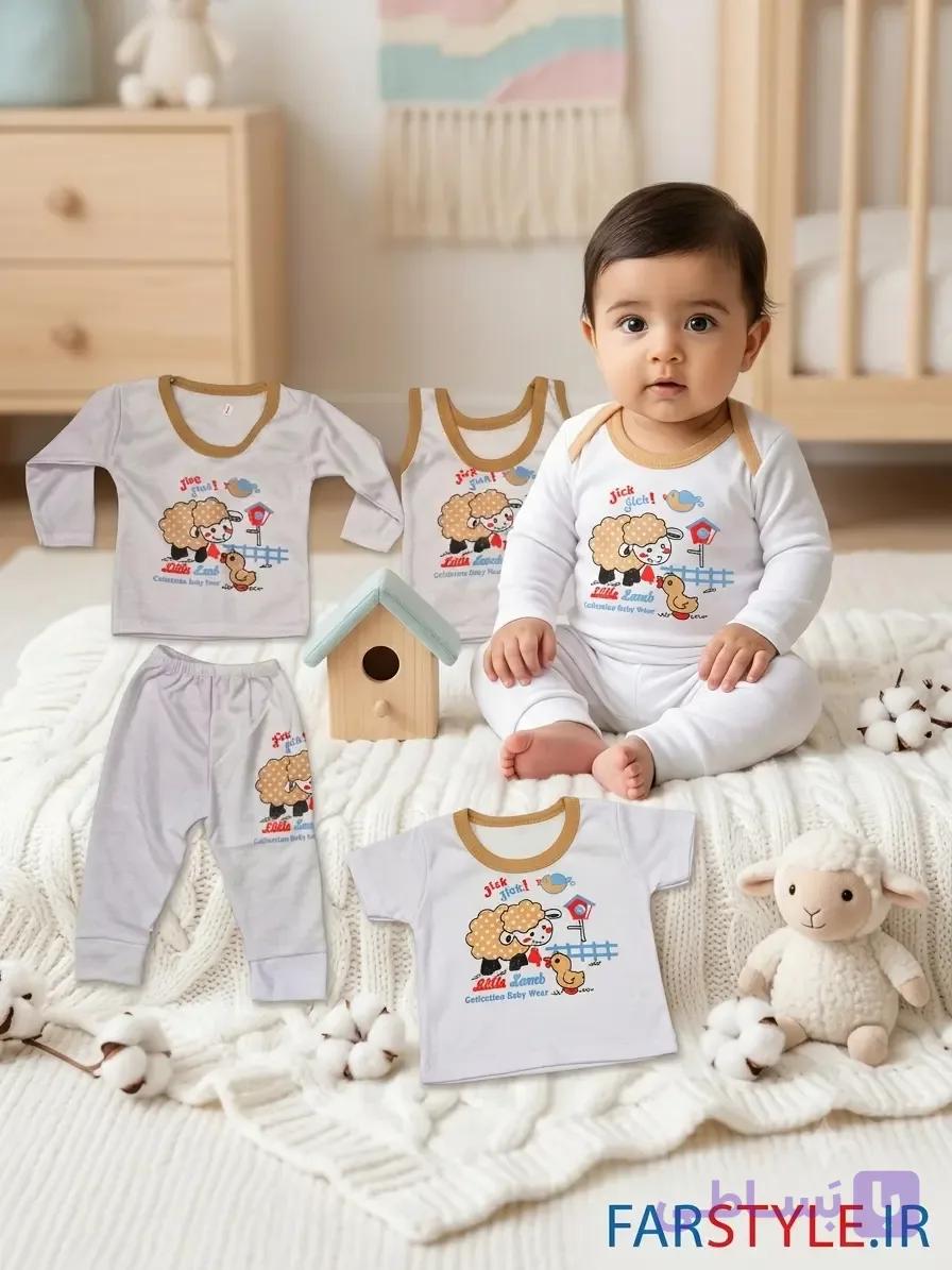 ست ۵ تکه نوزادی طرح بره کوچولو Little Lamb – سایز 0 تا 9 ماهگی — تصویر 1
