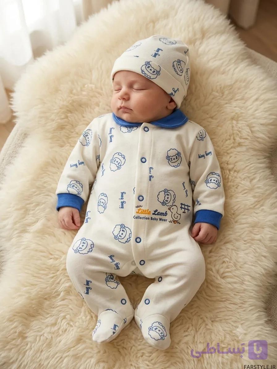 سرهمی نوزادی نخی دکمه دار طرح بره کوچولو مدل Little Lamb رنگ آبی (سایز 0 تا 6 ماه) — تصویر 1