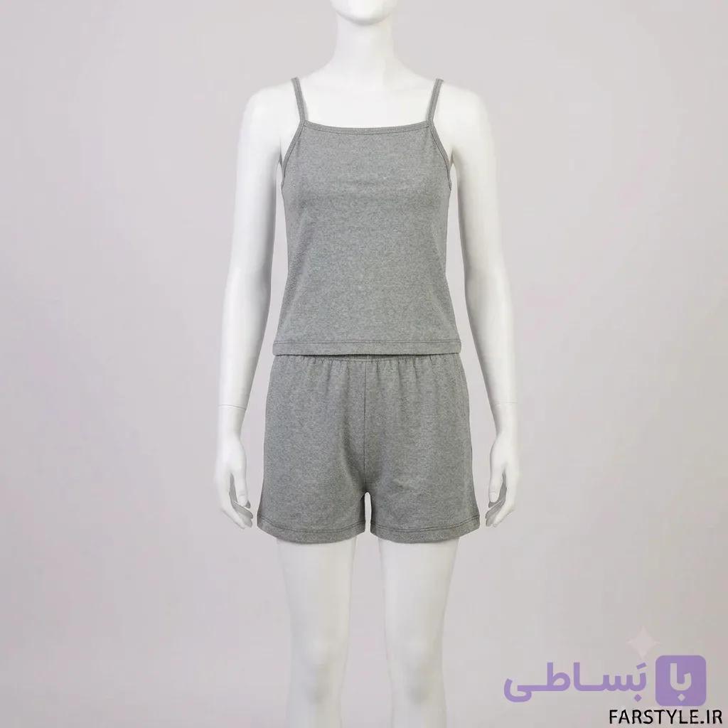 ست تاپ و شورتک زنانه نخ پنبه ملانژ رنگ طوسی روشن (فری سایز ۳۶ تا ۴۶) — تصویر 1