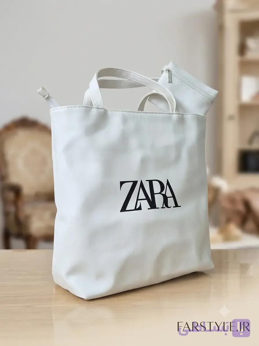 کیف توت زنانه زارا (ZARA) چرم صنعتی رنگ سفید همراه با مینی کیف زیپ‌دار — تصویر 1