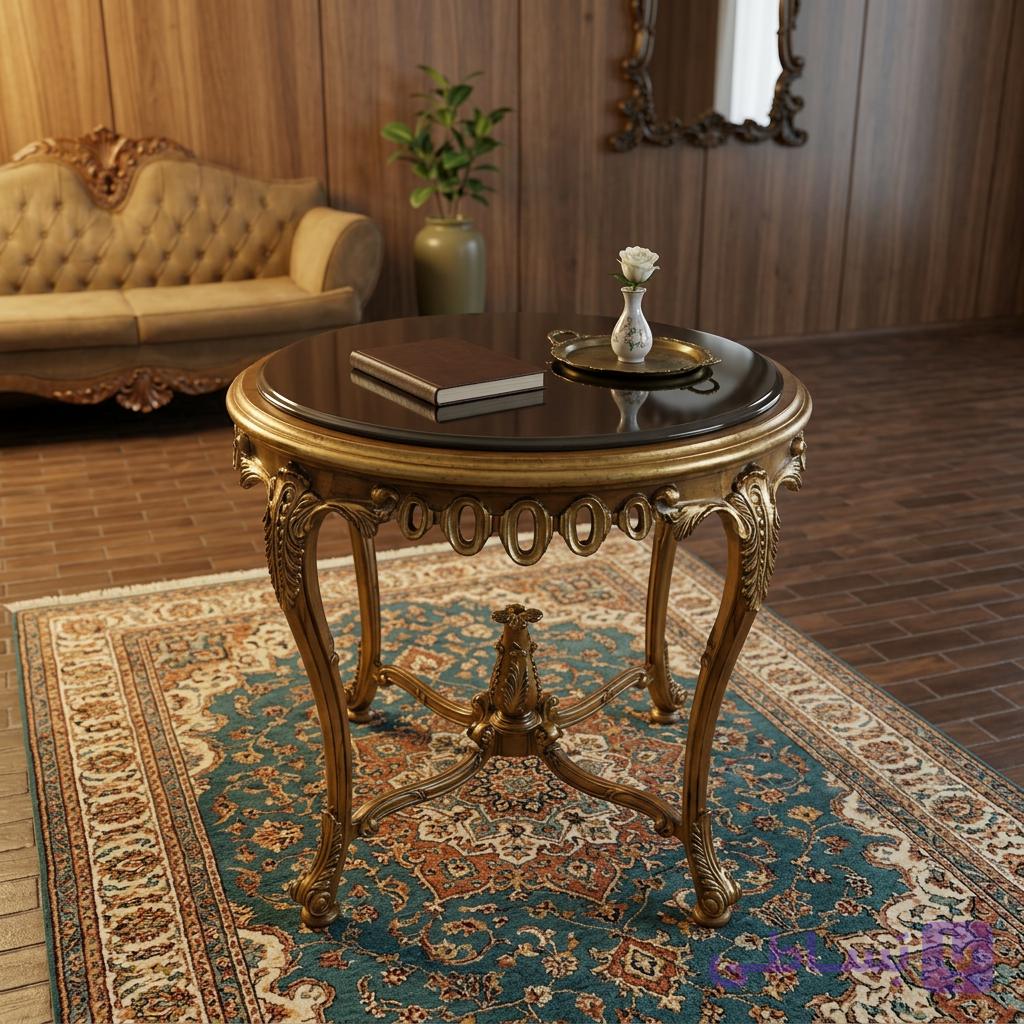 میز سرو چوبی گرد پایه گلدانی صفحه سنگ