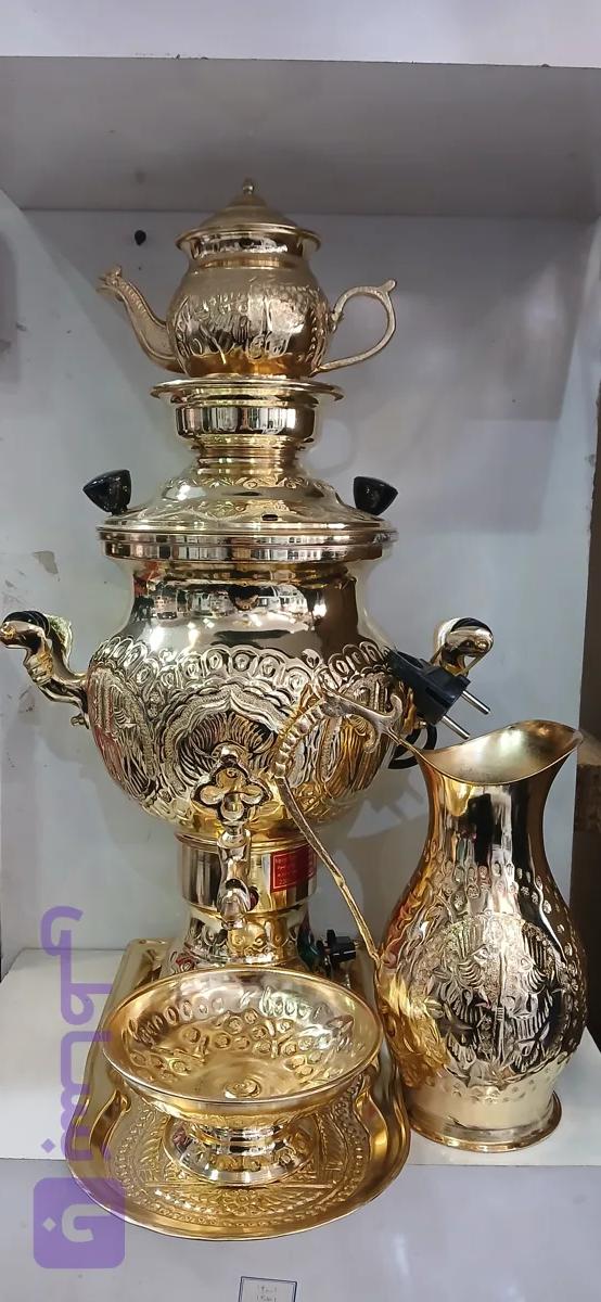 سماور قلمکاری طلایی برقی با سرویس کامل