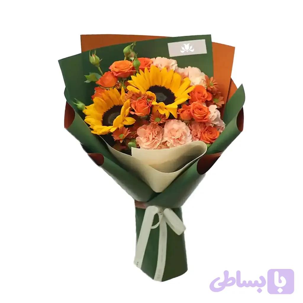 دسته‌گل آفتابگردان و رز نارنجی Golden Sunburst Bouquet No.5