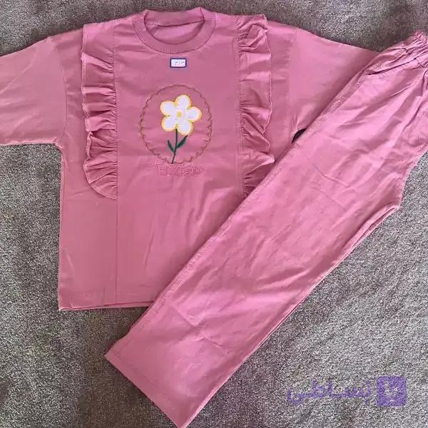 تی شرت و شلوار دخترانه نخ پنبه گلدوزی شده — تصویر 1