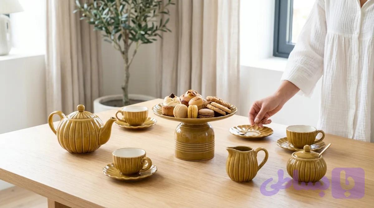 سرویس چای‌خوری و پذیرایی دست ساز سرامیکی ۴ نفره