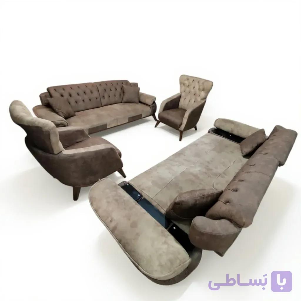 مبلمان ۸ نفره تختخوابشو دست دوم با مکانیزم دسته و تکیهگاه – کاملاً سالم - دیزاین مبل | DesignMobl