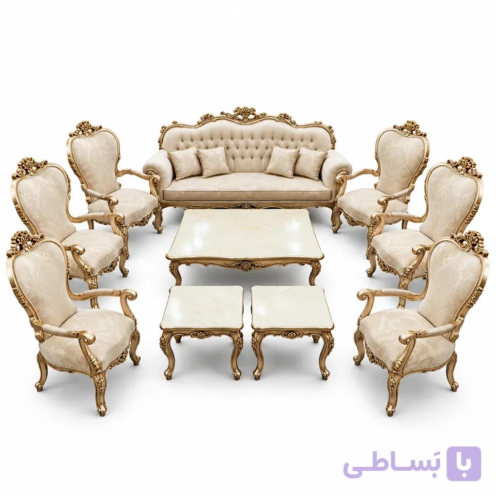 مبل ۹ نفره کلاسیک مدل افسون چوب راش با پارچه یزد (در حد نو) - دیزاین مبل | DesignMobl