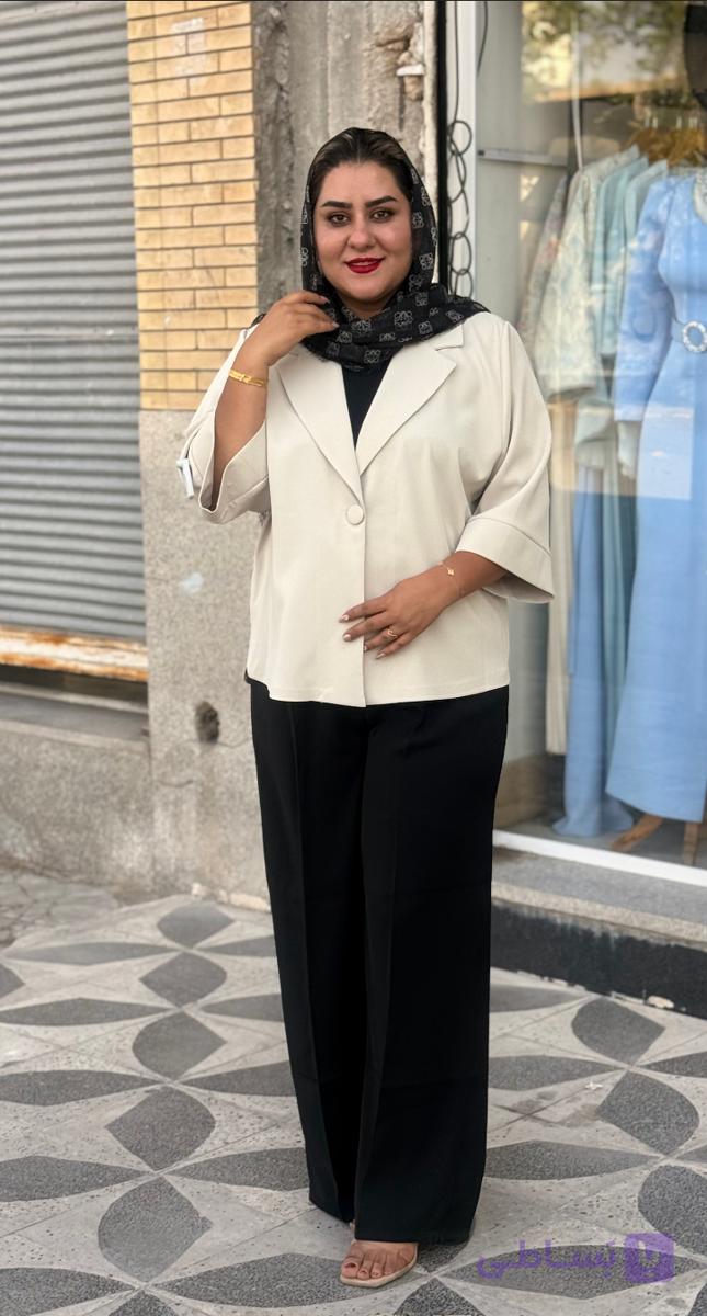 کت تک ریزشی کرپ مورگان جنس لخت تک‌رنگ کرم روشن قد ۷۵ — تصویر 1