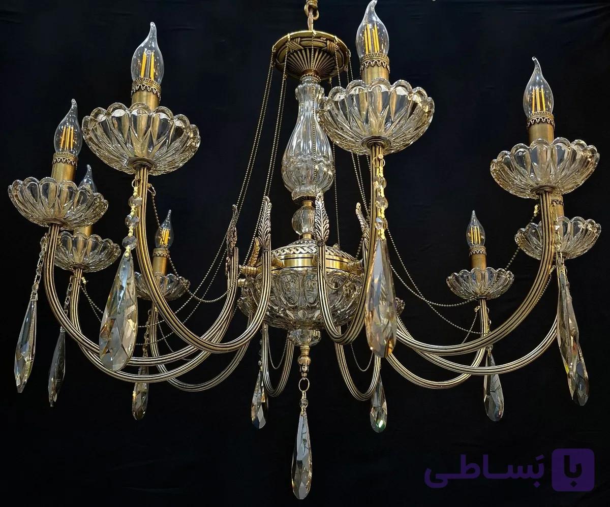 لوستر برنجی 8 شاخه مدل لئون کریستالی (16 شعله)