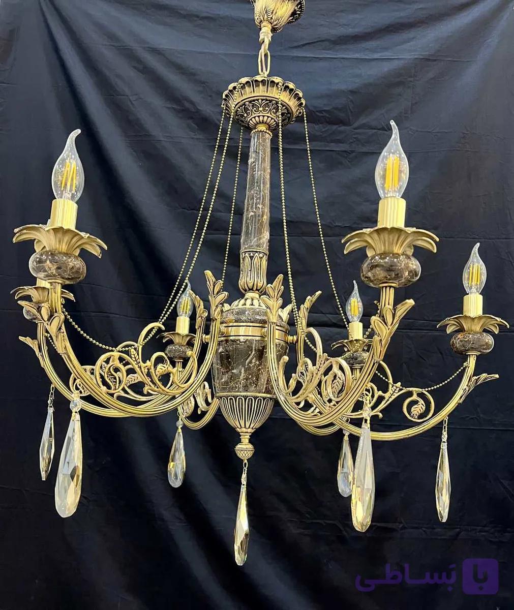 لوستر برنجی 6 شاخه مدل سنگی پرکار (تک شعله)