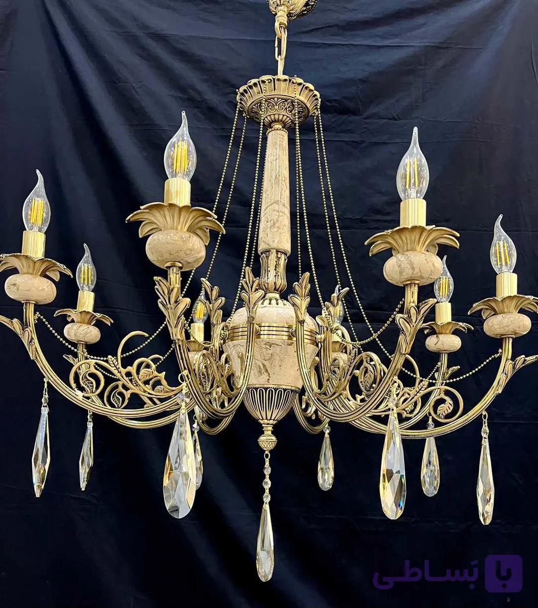 لوستر برنجی 8 شاخه مدل سنگی پرکار (تک شعله)