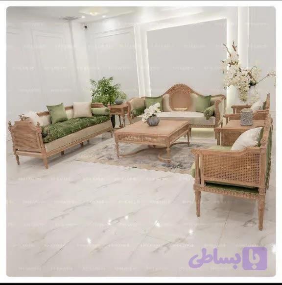 مدل مبل کاجی حصیری 7 نفره با میز جلو مبلی و عسلی