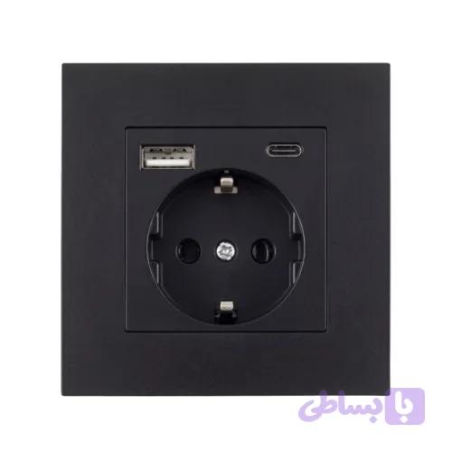پریز برق توکار ارت‌دار با شارژر یو‌اس‌بی USB و تایپ سی Type-C مشکی مات PVC