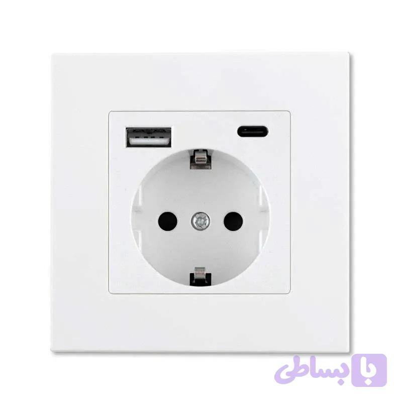پریز برق توکار ارت‌دار با شارژر یو‌اس‌بی USB و تایپ سی Type-C سفید مات PVC