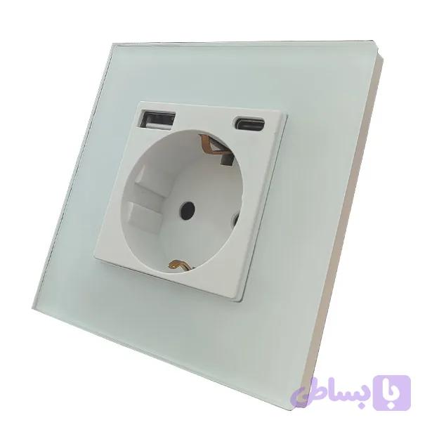 پریز برق توکار ارت‌دار با شارژر یو‌اس‌بی USB و تایپ سی Type-C سفید براق شیشه‌ای