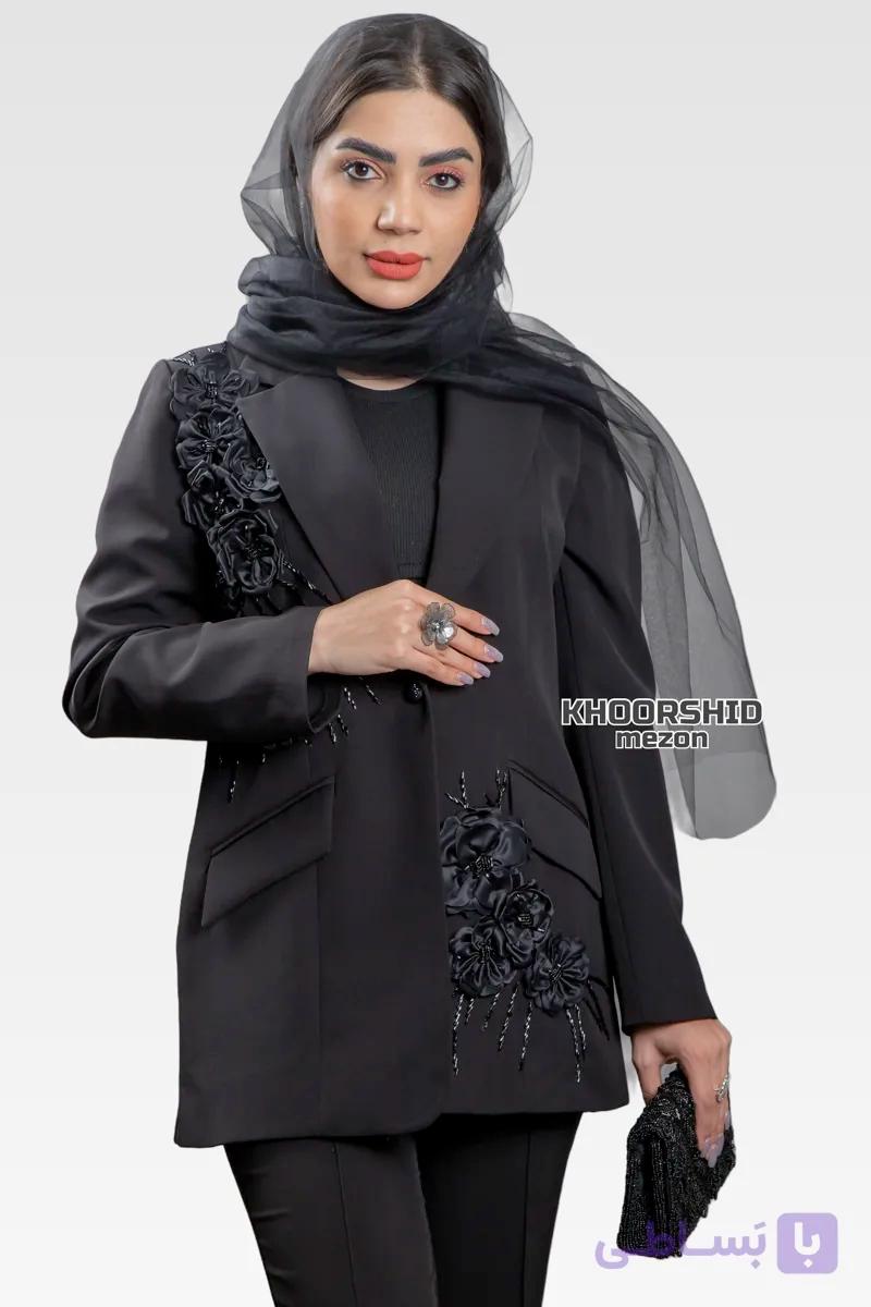 کت مجلسی مشکی زنانه گل برجسته