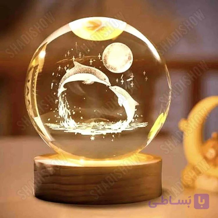 گوی شیشه‌ای چراغدار دلفین عاشق | چراغ خواب — تصویر 1