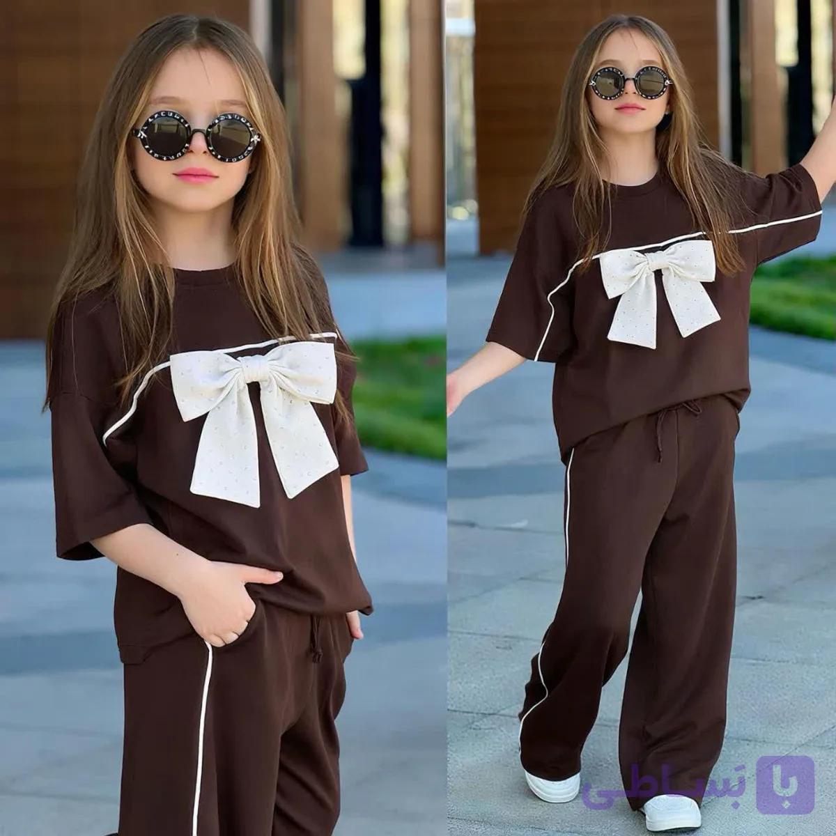 ست دخترانه پاپیون تیشرت شلوار قهوه‌ای سایز۴۵