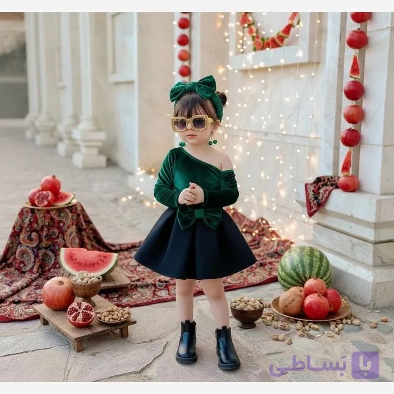 لباس مجلسی دخترانه مخمل عروسکی ۴تا۸سال سبز