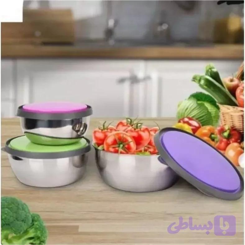 ظرف نگهدارنده غذا استیل 3 تایی درب رنگی