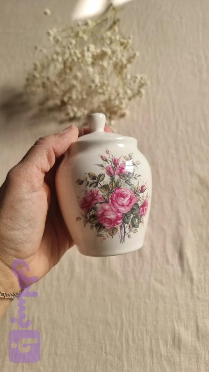 بانکه خمره ای سرامیکی گل سرخی دست ساز