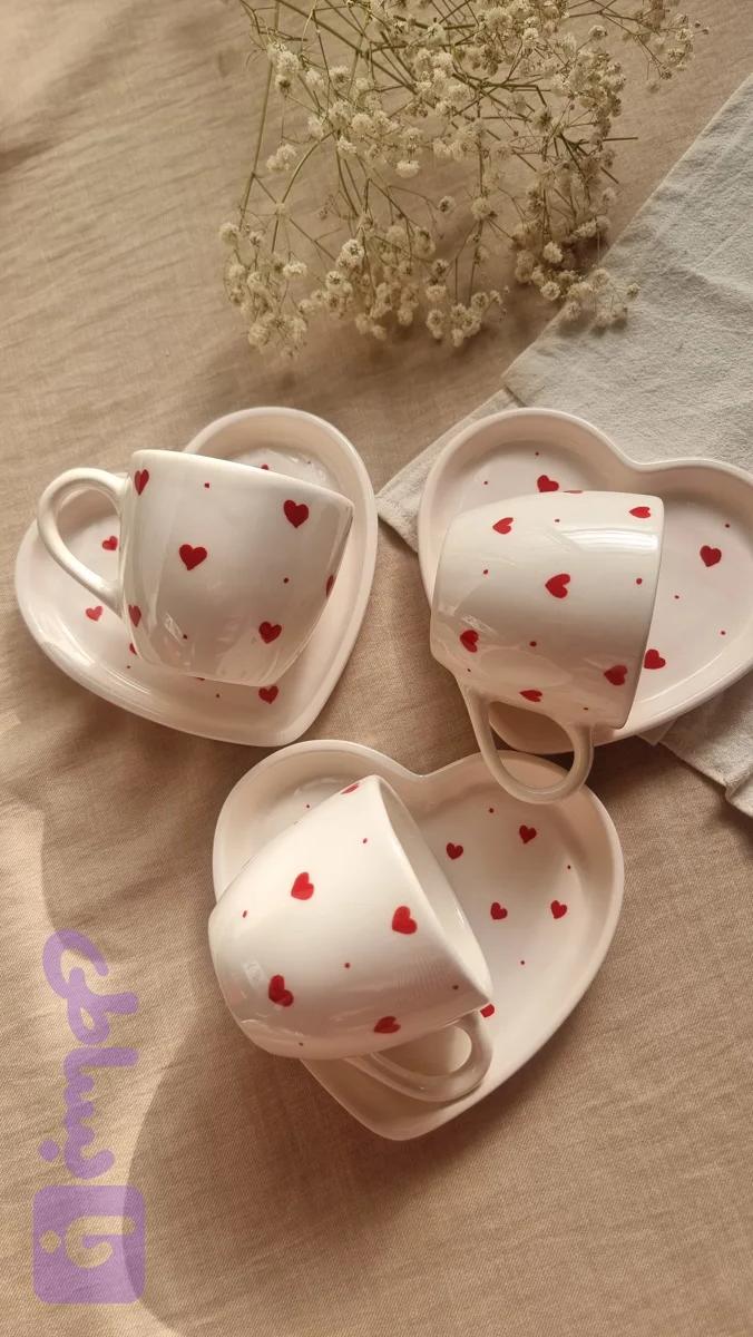 فنجان و زیر فنجان سرامیکی قلبی دست ساز