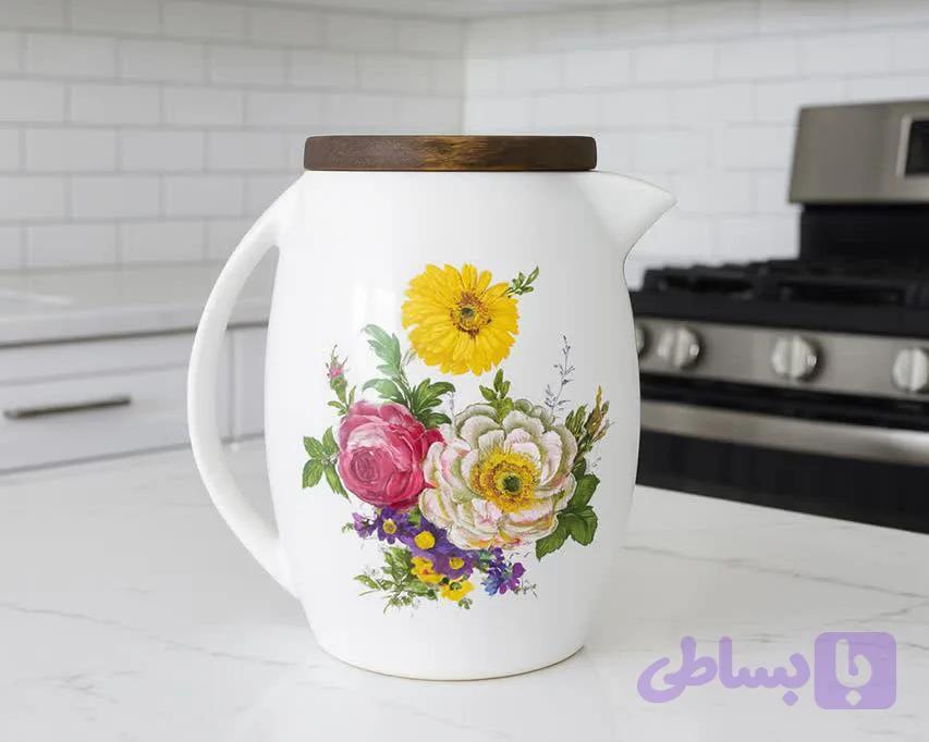 پارچ سرامیکی گلدار با درب چوبی — تصویر 1