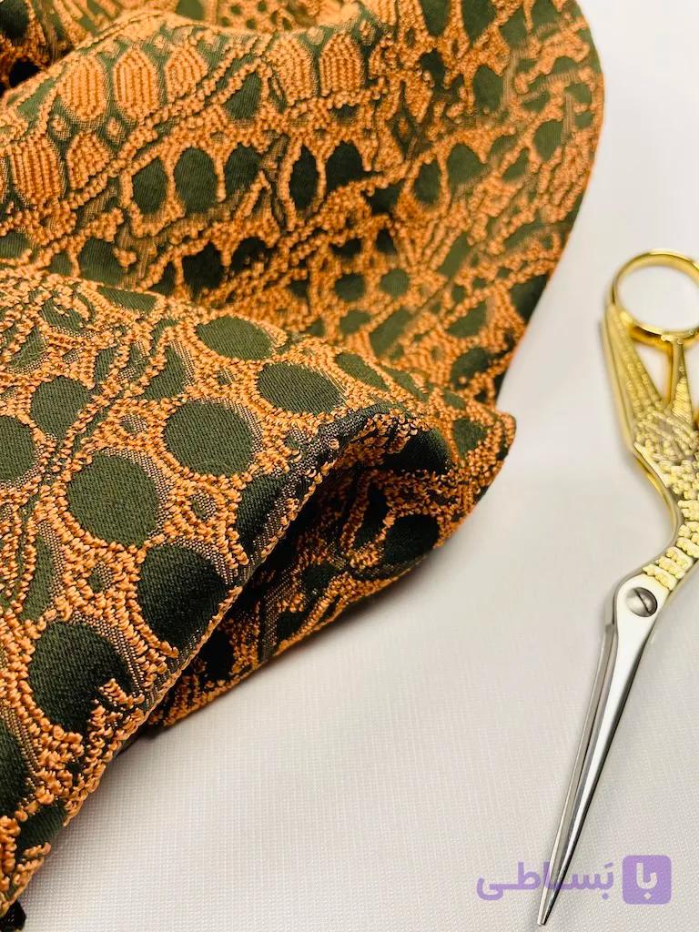 پارچه ژاکارد ویسکوز کشی سبز زیتونی نارنجی ترک Kehribar Nocturne Viscose Jacquard — تصویر 1