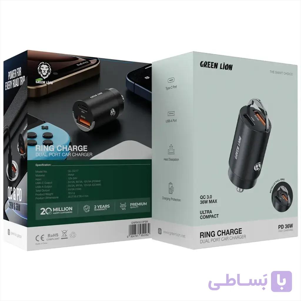 شارژر فندکی خودرو گرین لاین مدل Ring Charge دو پورت PD 36W با QC 3.0