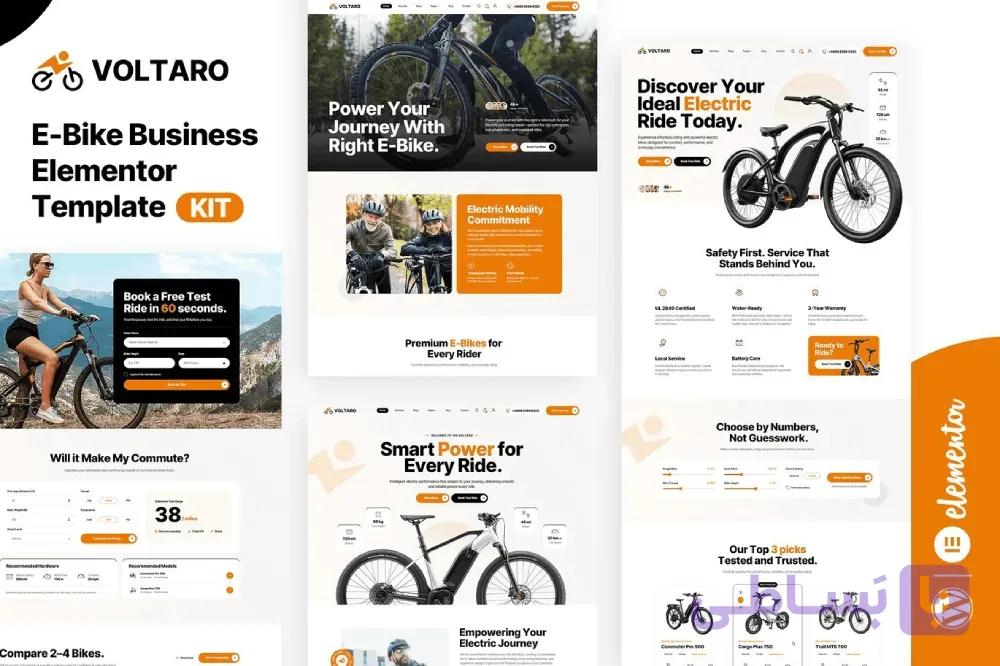 قالب المنتوری فروشگاه دوچرخه برقی Voltaro | کیت تمپلیت حرفه‌ای E-Bike و حمل‌ونقل پاک