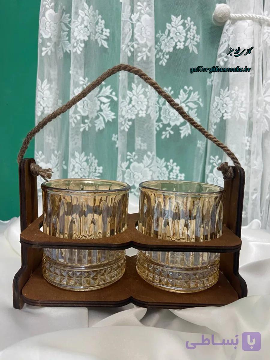 جا قاشقی دو قلو ترکیبی از چوب و شیشه شامپاینی