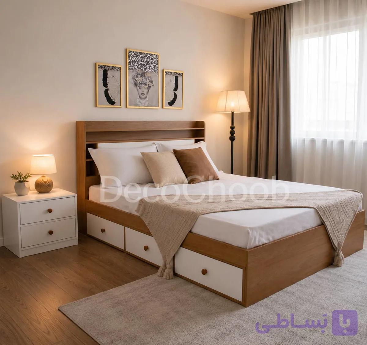 سرویس خواب دو نفره ملامینه مدل لونا با ۴ کشو و باکس انباری — تصویر 1